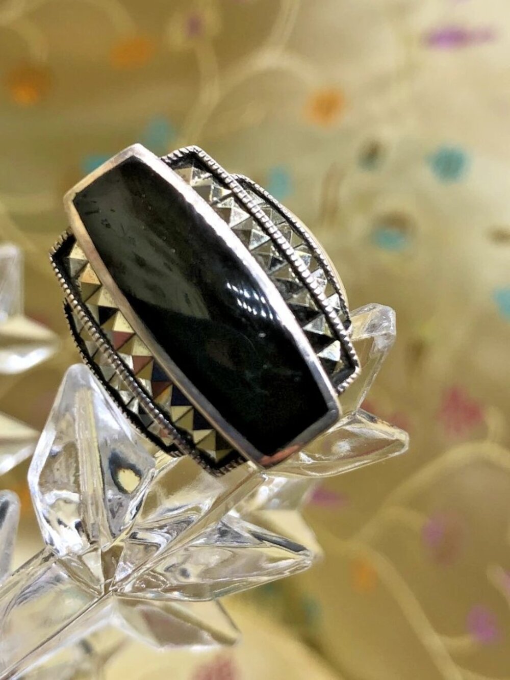 Onyx and marcasite sterling signed CFJ silver ring, Victorian: sz 5